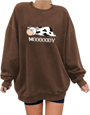 Stessotudo Oversized Sweatshirts for Women Cow Print Cute Long Sleeve Tops Funny Sayings Pullover Casual Western Shirts 2023